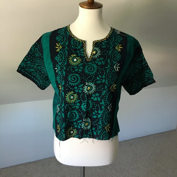 Tops - Short Sleeve Tribal Raw Edge Crop (handmade, nwot)